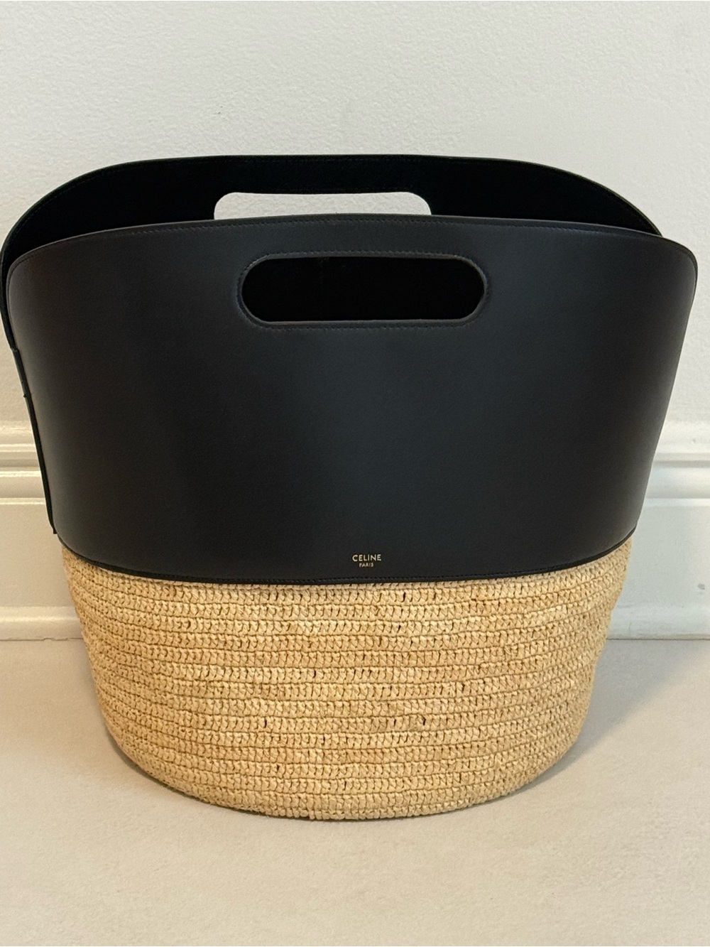 Celine Black Leather and Natural Raffia Tote with Cutout Handle